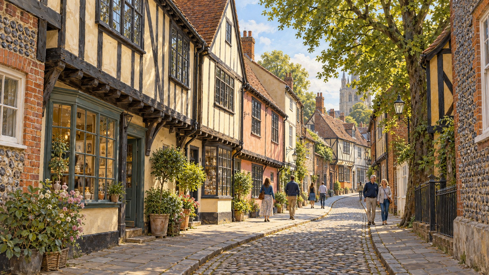 Artist’s impression of Elm Hill’s cobbled street and historic Norwich shopfronts