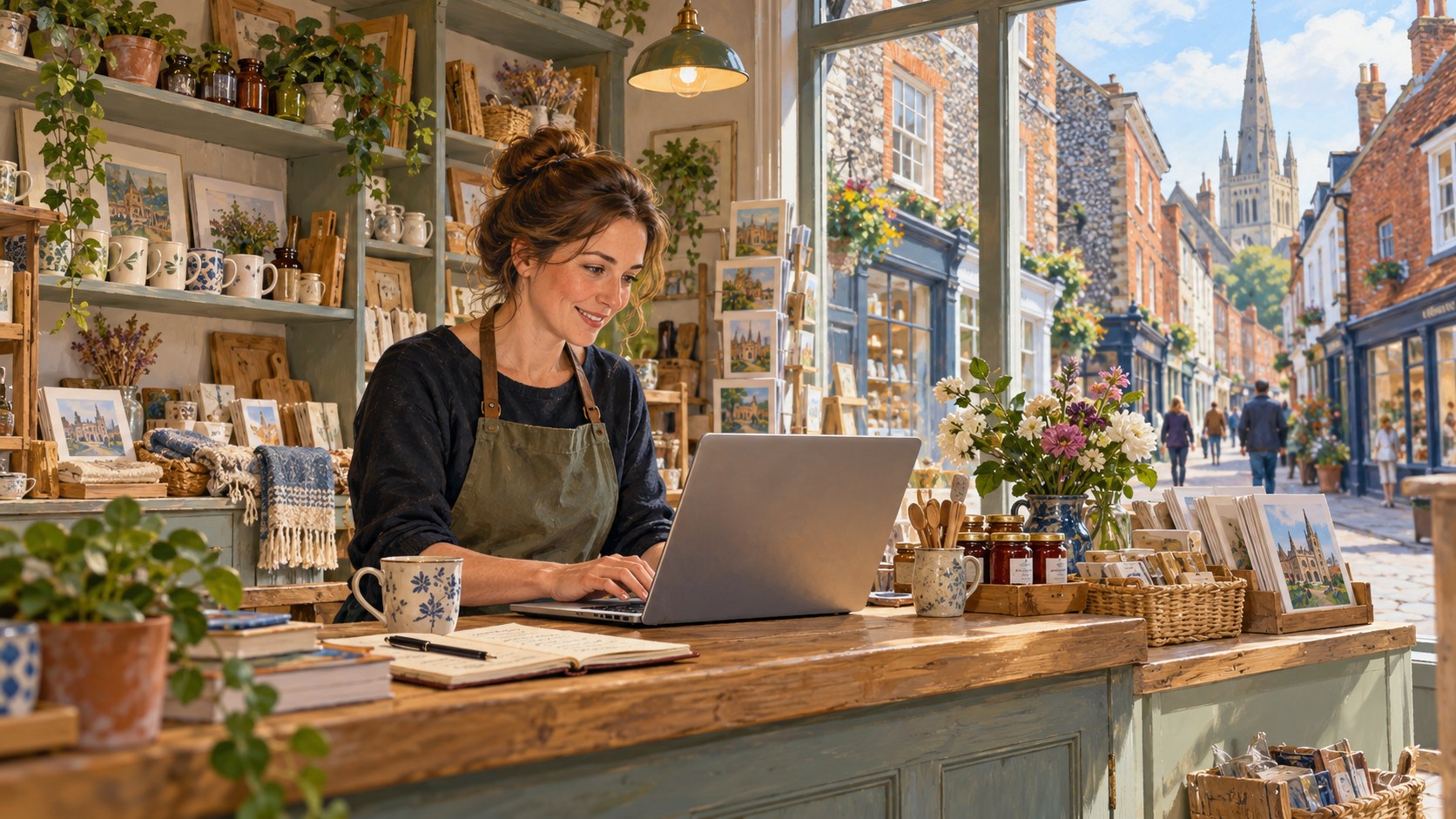 Artist’s impression of a Norwich independent shop owner preparing a business profile