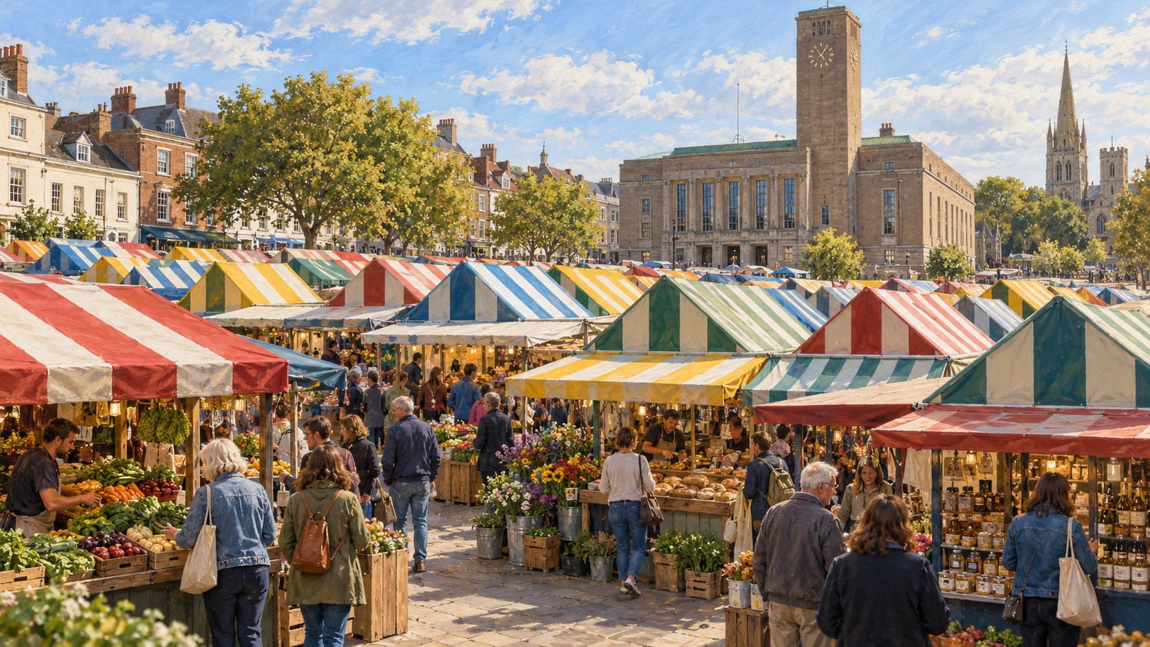 Artist’s impression of Norwich Market’s striped stall roofs with the City Hall clock tower beyond