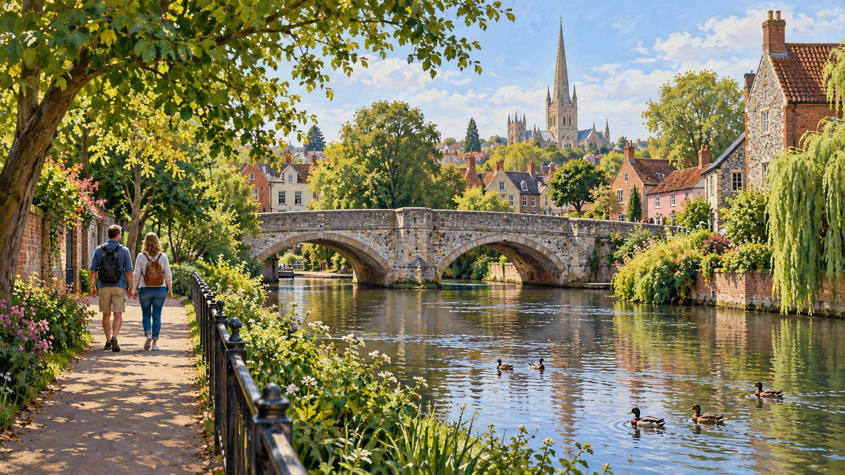 Artist’s impression of walkers beside the Wensum and the historic stone Bishop Bridge